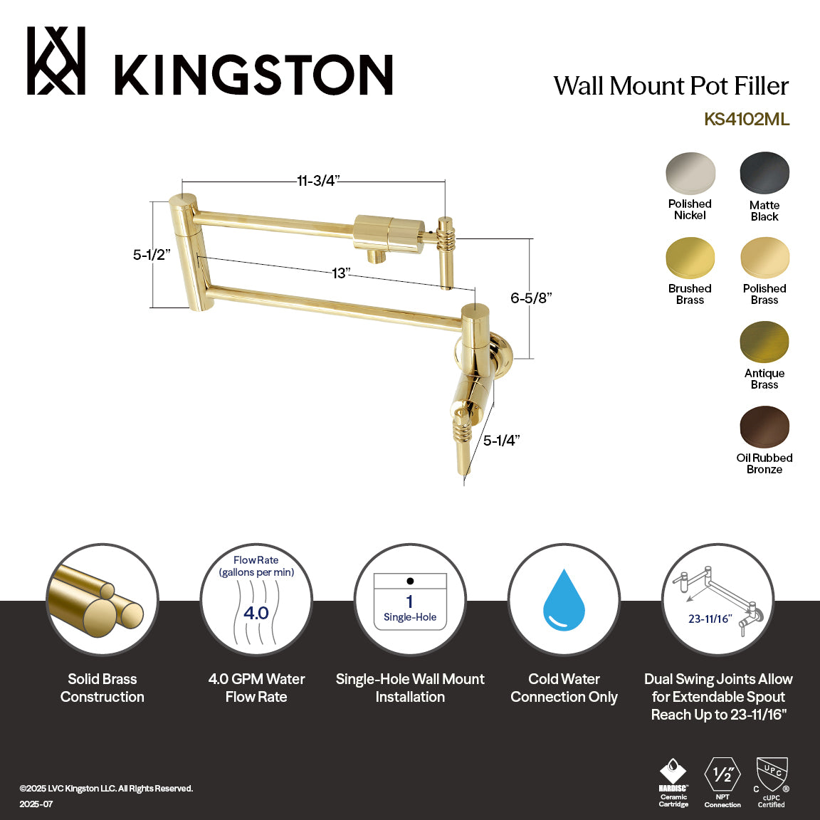 Kingston Sona KS4102ML - Milano Two-Handle 1-Hole Wall Mount Pot Filler Faucet, Polished Brass — thumbnail 2